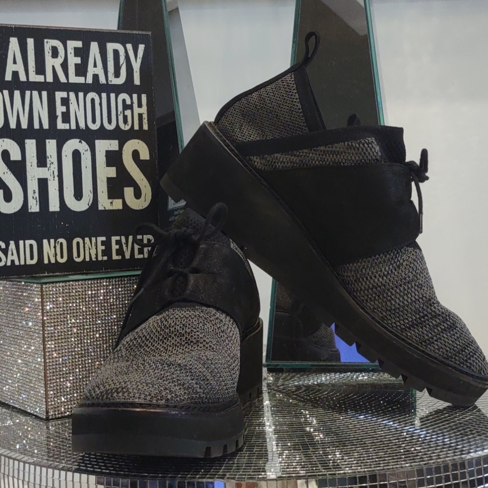 Eileen Fisher WILSON gray fabric Black Tie Wedge Oxford Women's Shoes 9 1/2 Chic